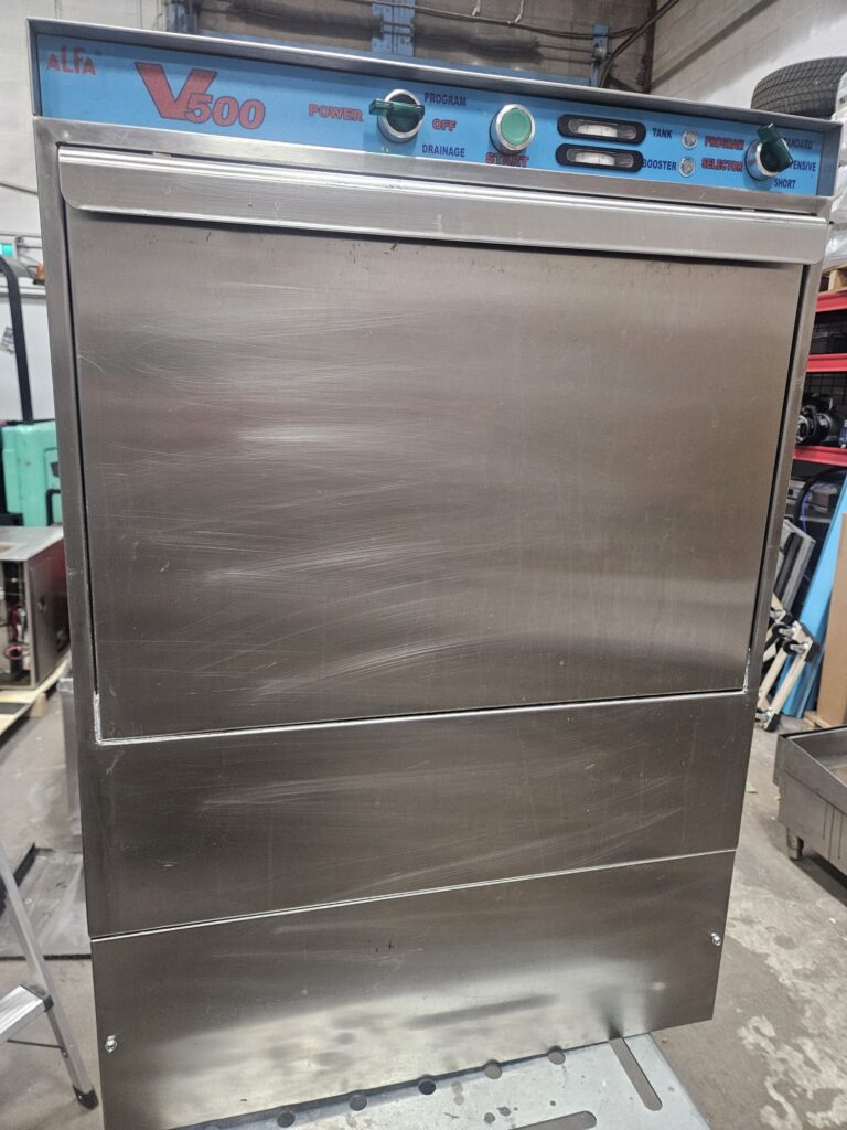Undercounter high temperature commercial dishwasher with stainless steel exterior