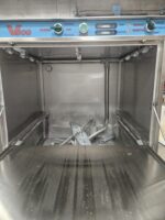 Under counter commercial dishwasher with stainless steel finish and door open