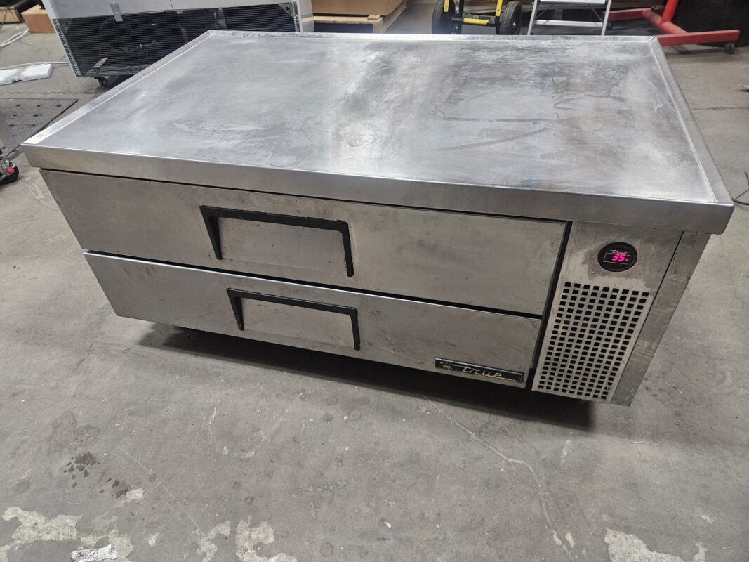 Chef base commercial cooler with doors closed and illuminated temperature display.