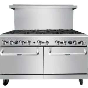Front view of the 60-inch Atosa AGR-10B gas range featuring ten open burners, double ovens, and swivel casters.