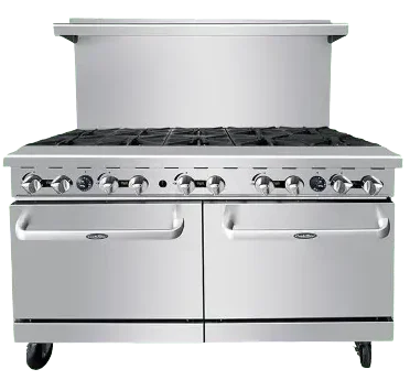 Front view of the 60-inch Atosa AGR-10B gas range featuring ten open burners, double ovens, and swivel casters.