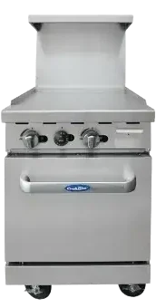 Front view of the Atosa AGR-24G 24-inch commercial gas range featuring a full-width griddle top, independent controls, and a standard oven on swivel casters.