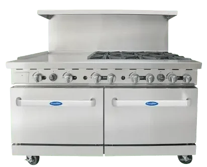 Front view of the 60-inch Atosa AGR-6B24GL gas range featuring six burners, a 24-inch left-side griddle, and double ovens on swivel casters.