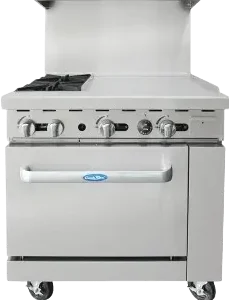 Front view of the Atosa AGR-2B24GR 36-inch gas range featuring two open burners, a 24-inch right-side griddle, and a standard oven on swivel casters.