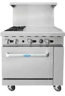Front view of the Atosa AGR-2B24GR 36-inch gas range featuring two open burners, a 24-inch right-side griddle, and a standard oven on swivel casters.