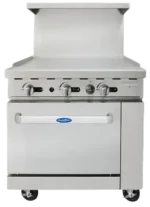 Front view of the 36-inch Atosa AGR-36G gas range featuring a full-width griddle top, a single standard oven, and swivel casters.