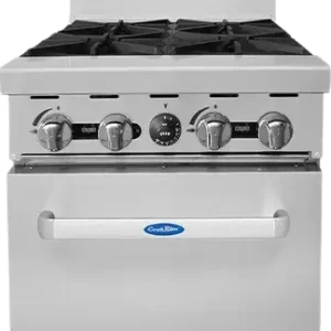Front view of the Atosa AGR-4B 24-inch commercial gas range featuring four open burners, heavy-duty cast iron grates, and a compact standard oven on swivel casters.