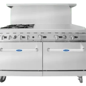 Front view of the 36-inch Atosa AGR-36G gas range featuring a full-width griddle top, a single oven, and swivel casters.