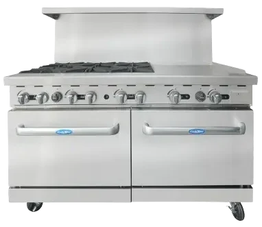 Front view of the 60-inch Atosa AGR-6B24GR gas range featuring six burners, a 24-inch right-side griddle, and double ovens on swivel casters.