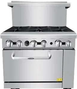 Front view of the Atosa AGR-6B 36-inch commercial gas range featuring six open burners, heavy-duty cast iron grates, and a standard oven on swivel casters.