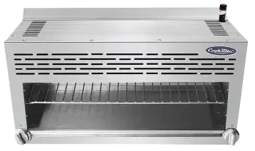 Front view of a 36-inch Atosa cheese melter featuring dual control knobs, a multi-level adjustable cooking rack, and a removable grease drip tray