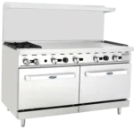 Front view of the 60-inch Atosa AGR-2B48GR gas range featuring two burners, a large 48-inch right-side griddle, and double ovens on swivel casters.