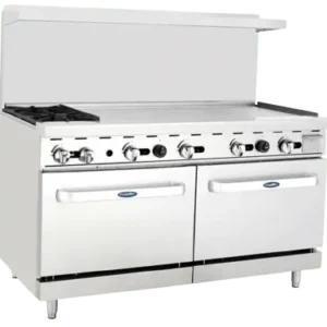 Front view of the 60-inch Atosa AGR-2B48GR gas range featuring two burners, a large 48-inch right-side griddle, and double ovens on swivel casters.