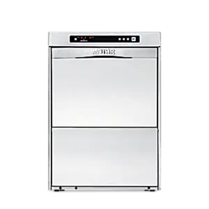 Front view of commercial under counter dishwasher with stainlees steel finish and top mounted control panel