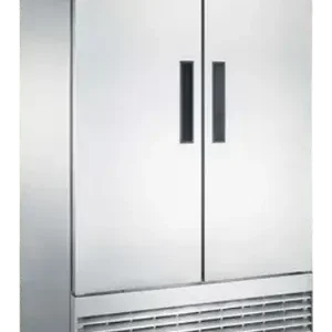 Two door stainless steel freezer on wheels viewed from the corner