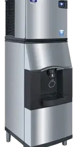 Front view of the 22-inch Manitowoc SPA162 hotel ice dispenser featuring a stainless steel finish and a touchless dispensing chute.