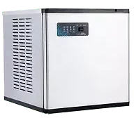 corner view of a modular ice machine with stainless steel finish and front control panel