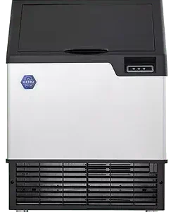 A 26-inch wide ICETRO IU-0220-AH stainless steel undercounter ice machine with a black top and front-sliding lid.