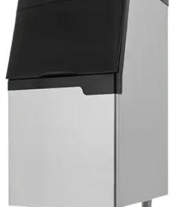 A 22-inch wide ICETRO stainless steel ice storage bin with a 265 lb capacity and top-hinged door.