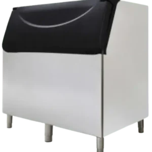 A 48-inch wide ICETRO stainless steel ice storage bin with a sloped front and top-hinged blue/black ABS door.