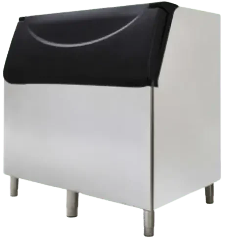 A 48-inch wide ICETRO stainless steel ice storage bin with a sloped front and top-hinged blue/black ABS door.