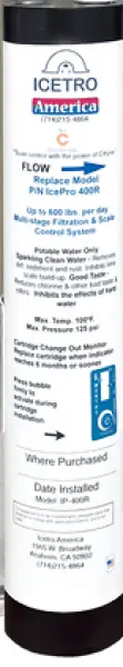 A tall, slim ICETRO ICEPRO 800R replacement water filter cartridge for commercial ice machines.
