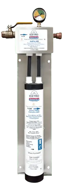 ICETRO ICEPRO 800 commercial water filtration system with a mounting head, pressure gauge, and a tall white filter cartridge.