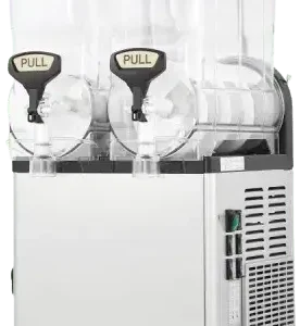 Front view of the Icetro SSM-280 double-bowl slush machine with a stainless steel base and transparent dispensers.