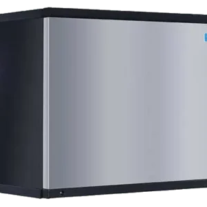 Front view of a modular ice machine with a stainless steel finish and side-access air filter.
