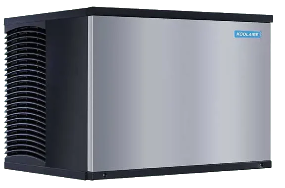 Front view of a modular ice machine with a stainless steel finish and side-access air filter.