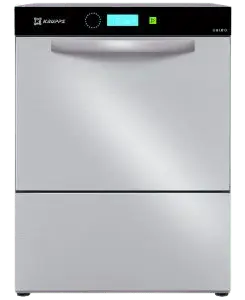 Krupps under counter style dishwasher with stainless steel finish and stainless steel door handle with digital control screen at top of unit