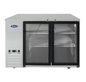 Front view of the Atosa MBB59GGR 59-inch two-door back bar refrigerator with glass doors, a stainless steel top, and swivel casters.