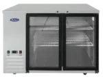 Front view of the Atosa MBB59GGR 59-inch two-door back bar refrigerator with glass doors, a stainless steel top, and swivel casters.
