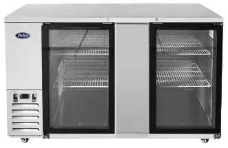Front view of a silver Atosa MBB69GR two-door commercial back bar refrigerator. The unit features a flat stainless steel worktop, two solid swing doors with horizontal recessed handles, and is mounted on four small black swivel casters.