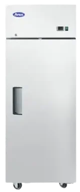Front view of the Atosa MBF8004GR 27-inch single door reach-in refrigerator with a stainless steel finish and swivel casters.