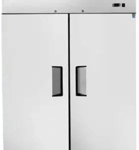 Two door refrigerator, stainless steel, industrial casters.