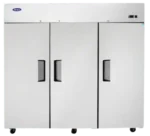 Front view of the Atosa MBF8003GR 78-inch three-door reach-in refrigerator with a stainless steel finish and swivel casters.