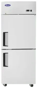 Two closed refrigerator doors with black handles on the left side. White body and industrial casters.