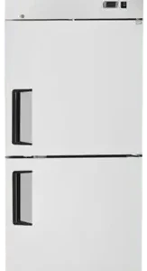 Two closed refrigerator doors with black handles on the left side. White body and industrial casters.