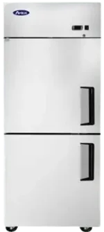 Upright commercial cooler with double doors with stainless steel finish and with bottom wheels.