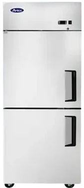 Upright commercial cooler with double doors with stainless steel finish and with bottom wheels.