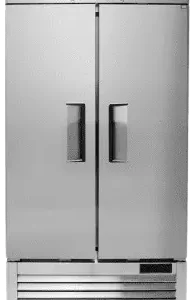 Front view of the Atosa MBF8502GR 54-inch two-door reach-in freezer with a stainless steel finish and swivel casters.