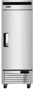 Front view of the Atosa MBF8501GR 27-inch single door reach-in freezer with a stainless steel finish and swivel casters.