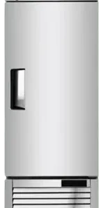 Front view of the Atosa MBF8501GR 27-inch single door reach-in freezer with a stainless steel finish and swivel casters.