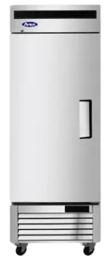 Front view of the Atosa MBF8505GRL 27-inch single door left-hinge reach-in refrigerator with a stainless steel finish and swivel casters.