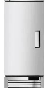 Front view of the Atosa MBF8505GRL 27-inch single door left-hinge reach-in refrigerator with a stainless steel finish and swivel casters.