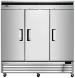 3 door stainless steel fridge. Ventilation system underneath the doors with industrial casters underneath the unit.