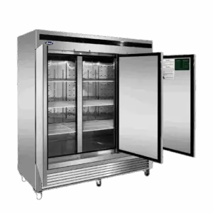 Three door stainless steel cooler with open doors and industrial casters