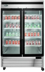 Commercial double glass door fridge with a vent on the bottom of the unit above the casters.