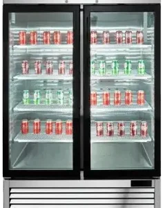 Commercial double glass door fridge with a vent on the bottom of the unit above the casters.